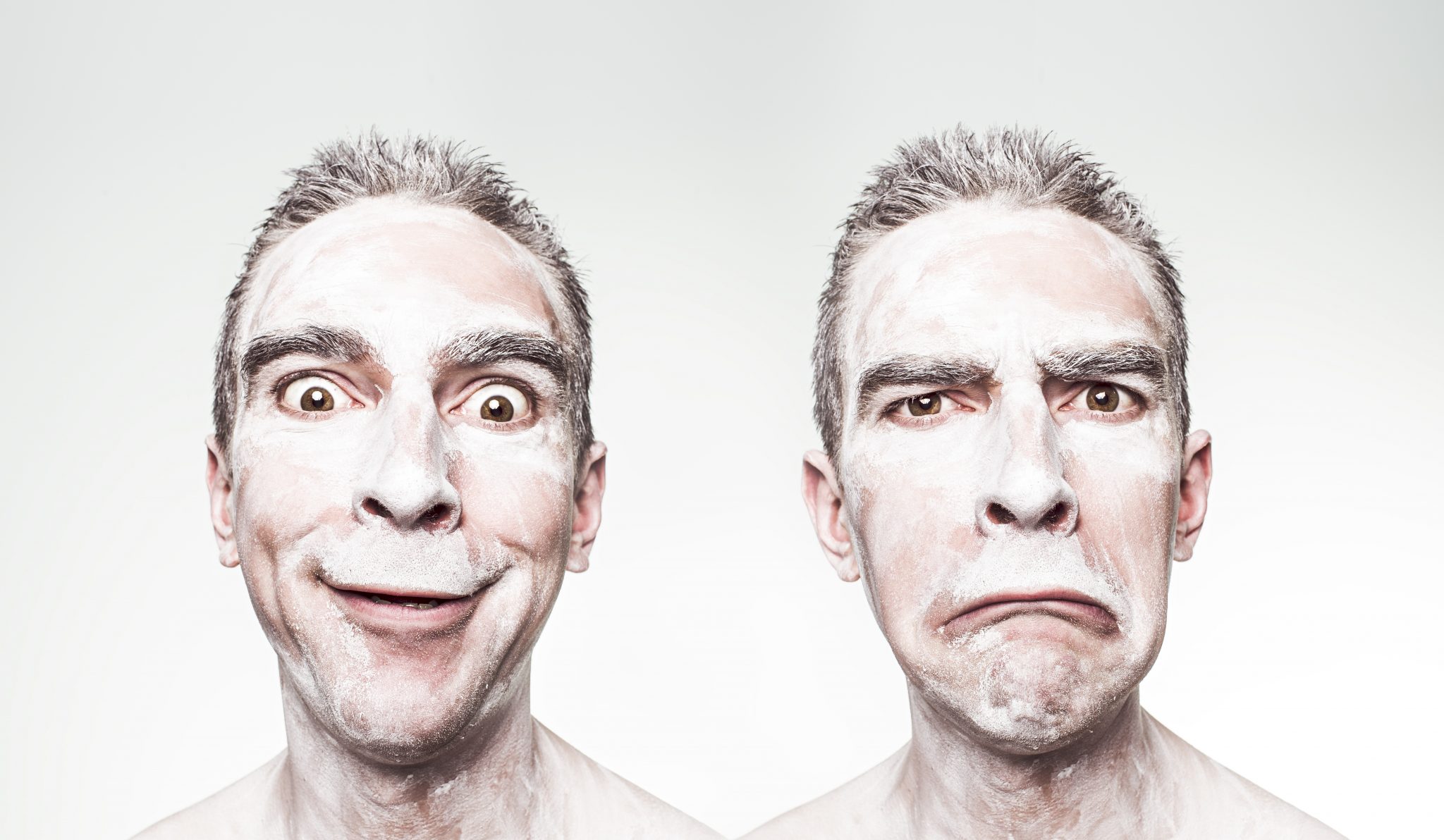Two side-by-side portraits of the same man with different facial expressions.